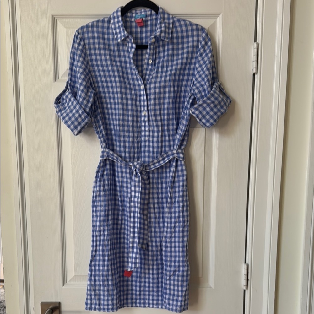 J McLaughlin Blue and White Buttoned Shirt Dress with Cuffed 3/4 Sleeves - Picture 4 of 5